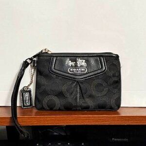 Authentic Coach Madison Op Art Small Wristlet - Classic Black Sateen & Leather